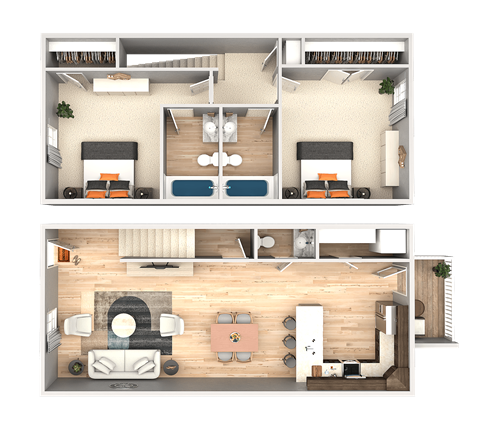 A top-down view of a two-bedroom apartment with a living room, kitchen, and bathroom.